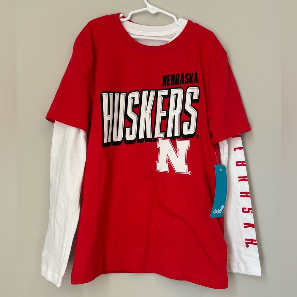 2-in-1 Long Sleeve White Nebraska Tee + Short Sleeve Red Nebraska Huskers Spirit